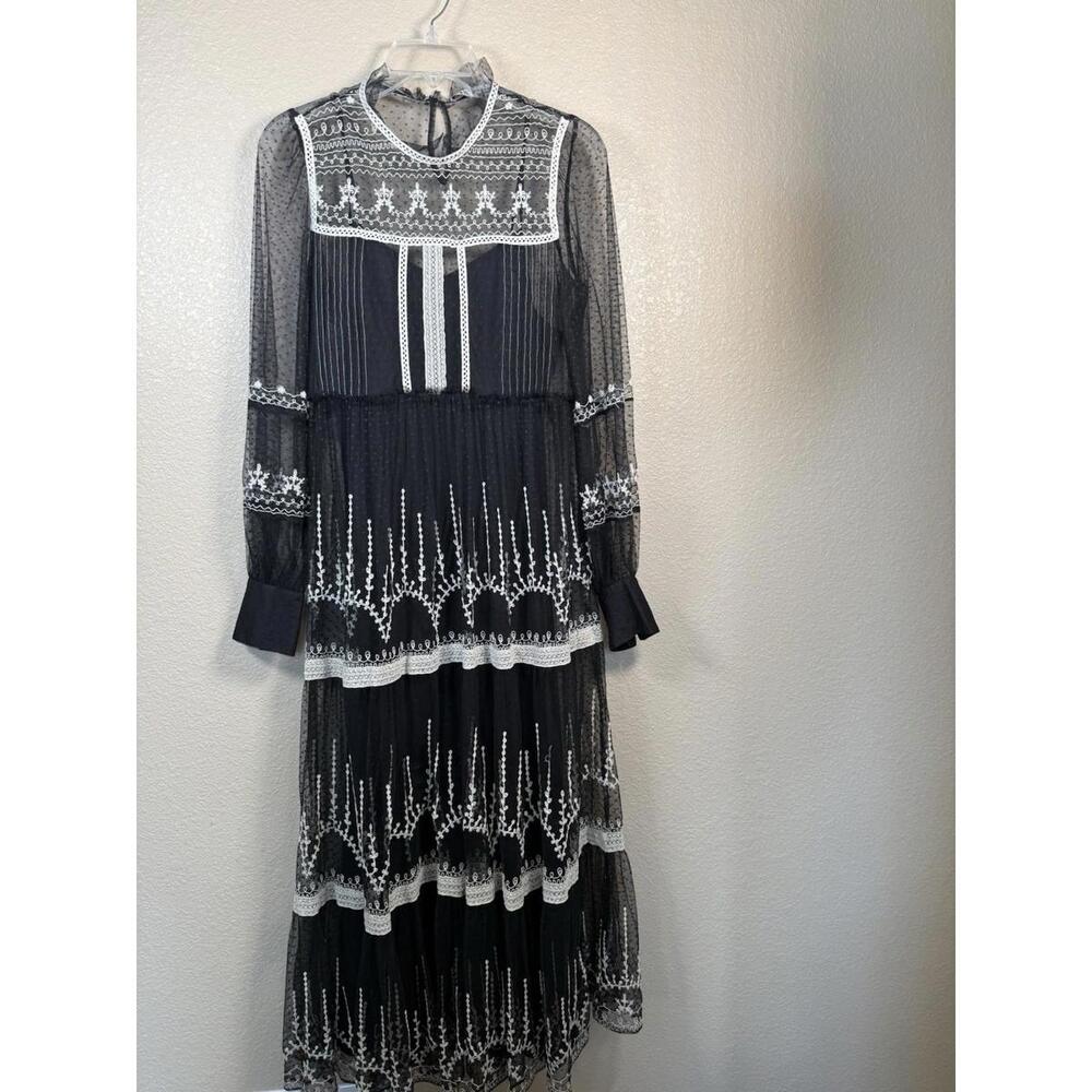 Zara Trinny Black Lace Sheer Tulle XS Embroidered Gothic Boho Maxi Whimsigoth‎